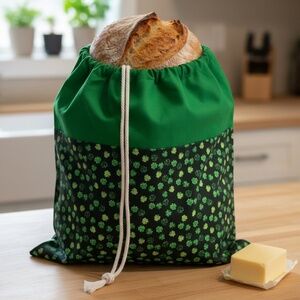 St. Patrick’s Day Linen Bread Keeper, Reusable Cotton Shamrock Bread Bag